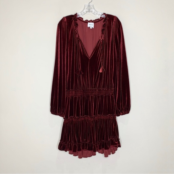 MISA Lorena Velvet Mini Dress (Sz L) V-Neck Long Sleeve Tassels Wine - Picture 2 of 11
